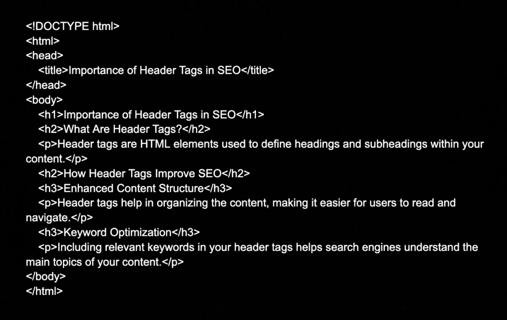 Screenshot showing example of header tag usage in HTML